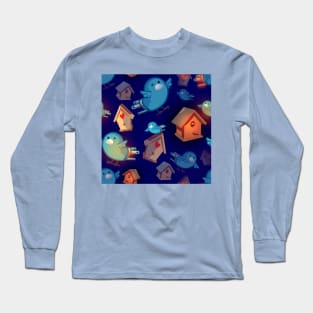 Soulful Blue Canaries and Glowing Birdhouses Hearts Bluebirds Long Sleeve T-Shirt